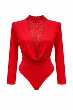 Women’s Sheer Lace Plunge Bodysuit Long Sleeve Sexy Party Going Out Top