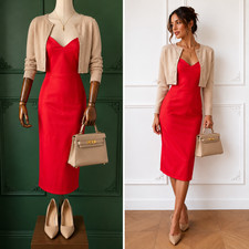 ASOS Red Bodycon Midi Dress 10 Spaghetti Strap Stretch Cocktail Wedding Guest