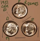 1951 P D S SILVER ROOSEVELT DIME GEM BU!  D FULL BANDS! KEY DATES 510422