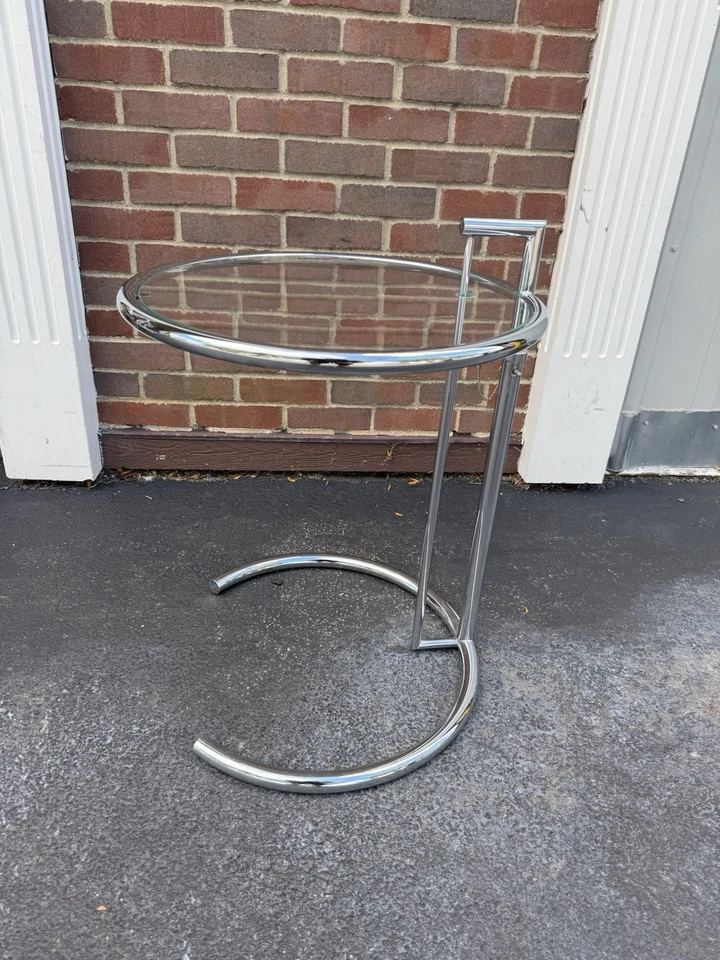 Mid Century Chrome & Glass Round Side Table by Eileen Gray 20” Adjustable Height - Image 3 of 4