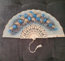 Vintage European Spanish Hand Painted Fabric Lady's Hand Fan With Tassel
