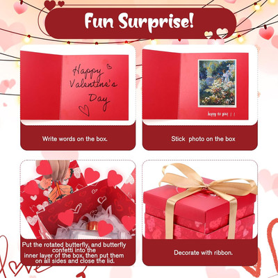 Red Butterfly Explosion Gift Box with Lid, DIY Unique Exploding Surprise Love...