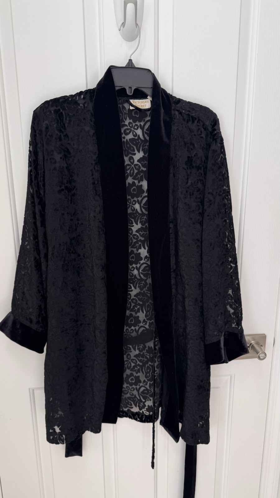 Vintage Victoria's Secret Gold Label Robe Black Sheer Velvet Floral One Size