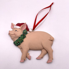 Christmas Pig In Santa Hat With Wreath Resin Glitter Christmas Ornament Farm