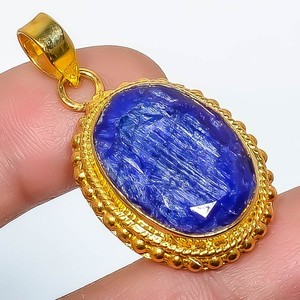 Authentic Blue Sapphire (Simulated) Gemstone 925 Silver Gold Plated Pendant 1.56" P6-105
