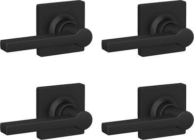 Matte Black Straight Lever Door Handle Set with Square Trim - 4 Pack