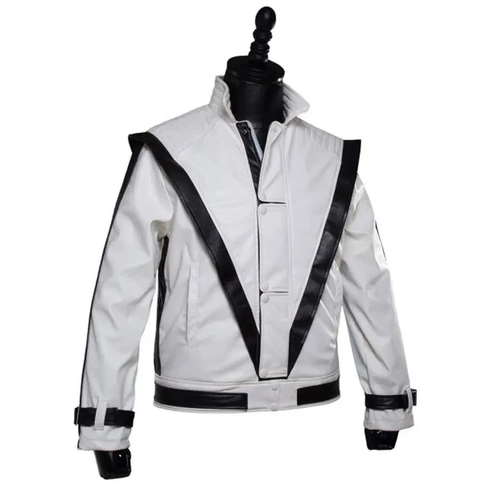 Chaqueta retro de cuero para hombre Michael Jackson Thriller blanca negra Foto 2 de 4