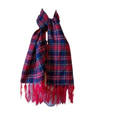 Vintage Wool Plaid Scarf Red Green Blue Fringe 56 x 5 Preppy Retro