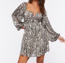 Forever 21 Dress Womens Size Small Snake Print Mini Long Sleeve Open Back V Neck