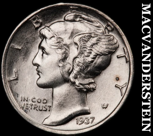 1937 Silver Mercury Dime - Choice Gem Brilliant Unc++++  Lustrous  #G8966