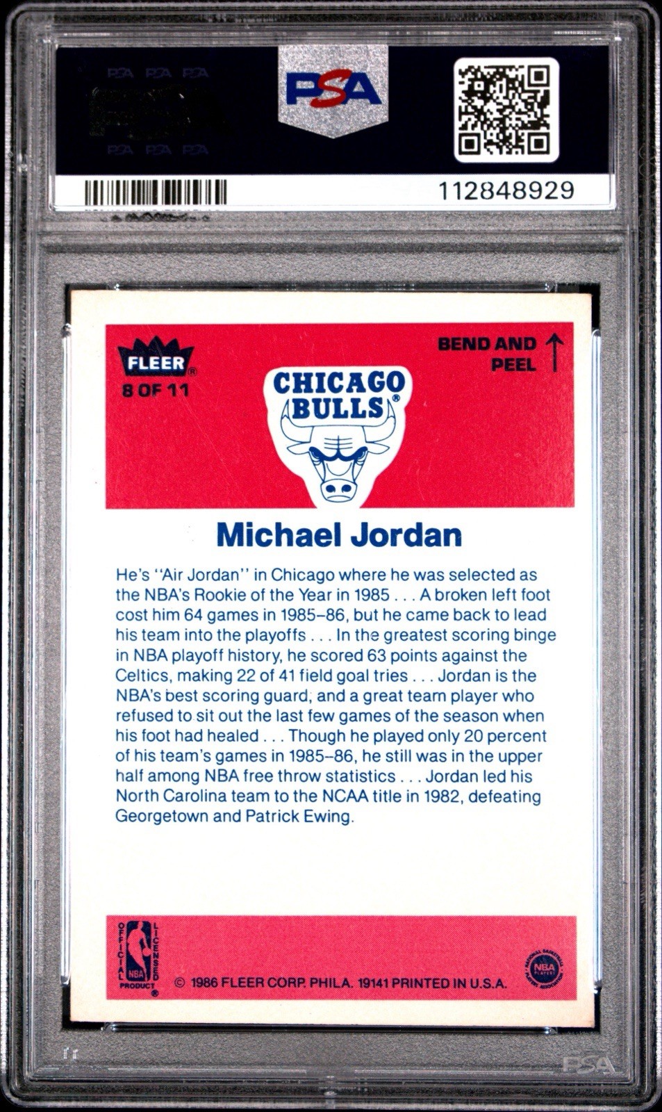 1986 FLEER STICKER #8 MICHAEL JORDAN ROOKIE RC PSA 7 view 2