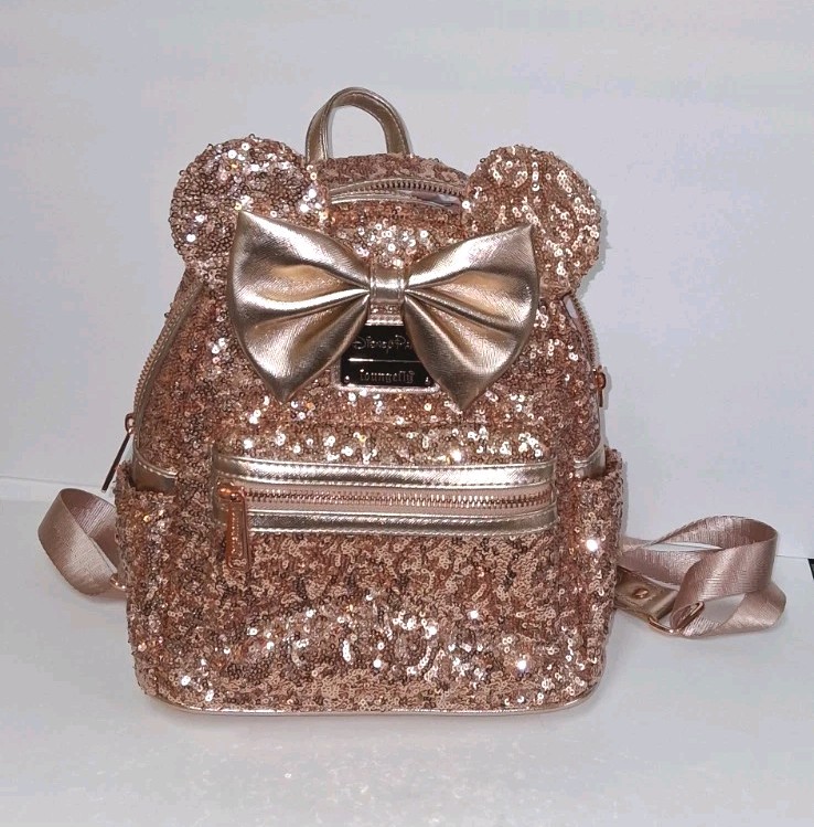 Disney Parks Loungefly Sequined Minnie Mouse Rose Gold Mini Backpack Nwt