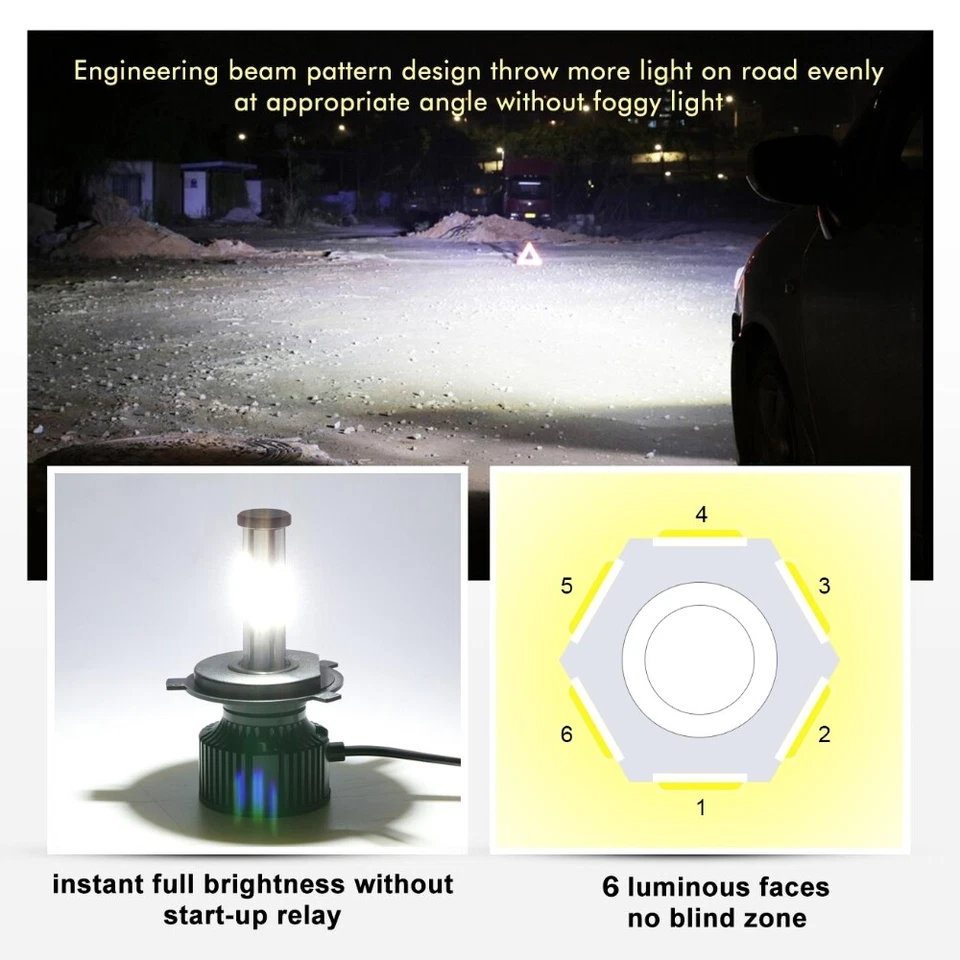 6-sides H4 9003 LED Headlight Hi/Low Beam 6000K Bulb For Motorcycle Super Bright - Image 4 of 4