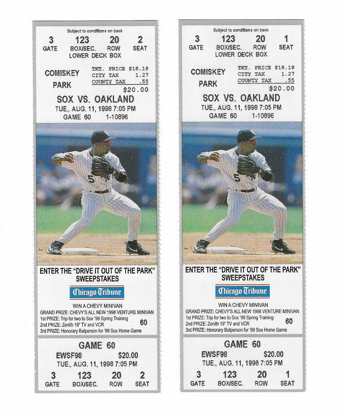 Chicago White Sox vs Oakland A's unused Baseball Tickets from 8/11/1998