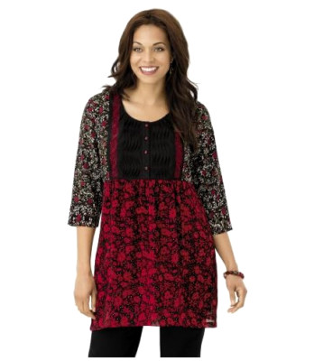 Ulla Popken DIRNDL Octobertfest Tunic Top Black Red Pintuck 3/4 Sleeve 24 26 NEW
