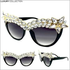 OVERSIZED EXAGGERATED RETRO Cat Eye SUN GLASSES L Black Frame Sparkling Crystals