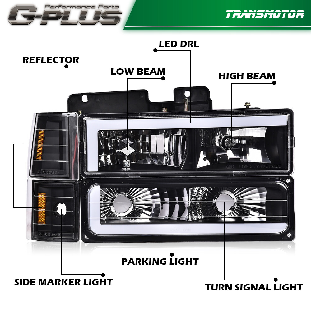 LED Tube Headlight Pair For 88-98 Chevy GMC Sierra C/K Silverado - Halogen Bulbs Included