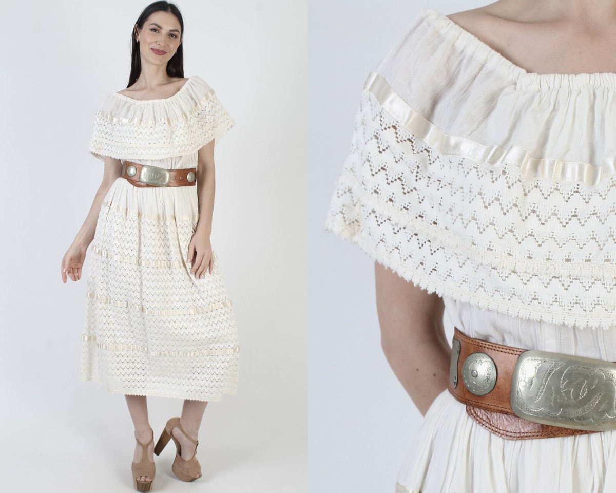 Vtg Cream Cotton Mexican Dress Off Shoulder Crochet Embroidered Fiesta Maxi  Gown | eBay