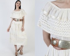 Vtg Cream Cotton Mexican Dress Off Shoulder Crochet Embroidered Fiesta Maxi Gown