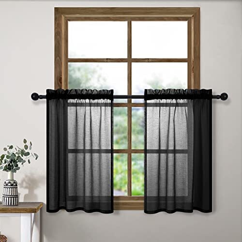 24 Inch Semi-Sheer Black Linen Curtains with Rod Pocket for Small Windows 30x24