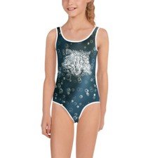 All-Over Print Kids Swimsuit 2-7 White Cat with Polka Dots Navy Swimwear