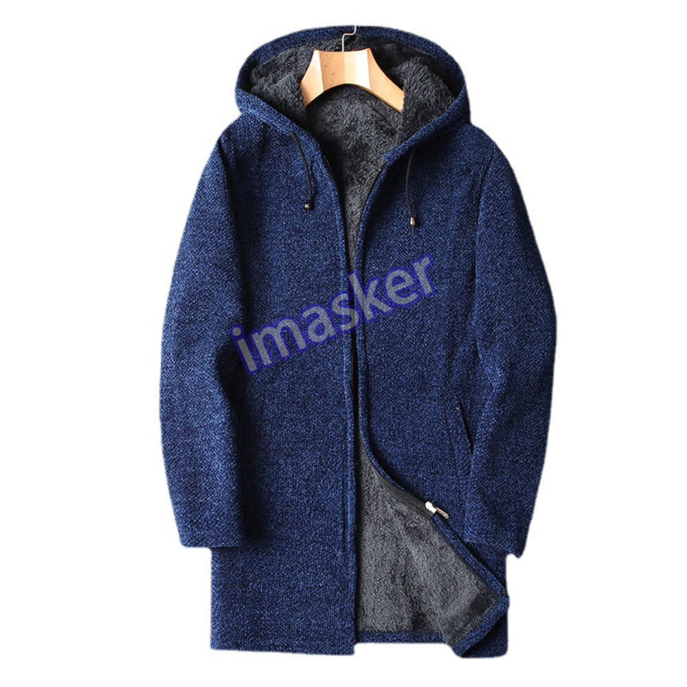 Men's Fleece-Lined Hooded Cardigan Jacket - Thermal Midi Coat for Warmth & Style  
