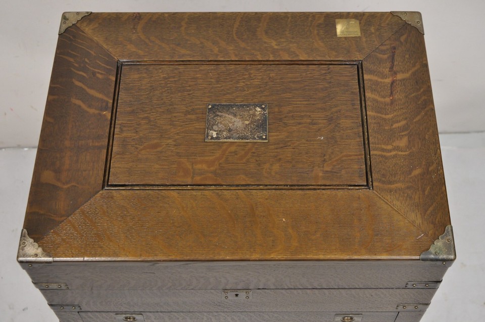 Antique English Regency Oak Wood Large Campaign Style Flatware Storage
