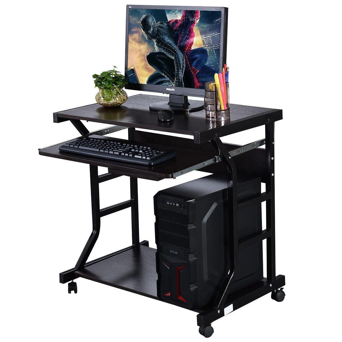 Stylish Space Saving Computer Desk with Keyboard Tray Casters Easy to Move