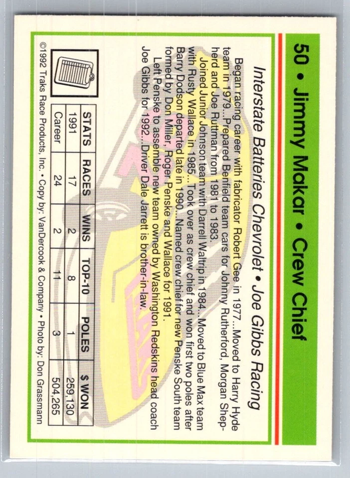 1992 Traks Racing #50 Jimmy Makar - VG - Joe Gibbs Racing - Image 2 of 2