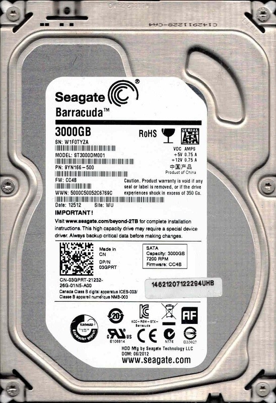 ST3000DM001 P/N: 9YN166-500 F/W: CC4B WU W1F0 Seagate 3TB | eBay