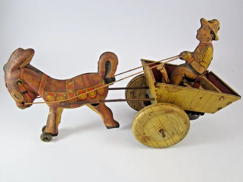 MARX Tin Wind Up Toy Farmer Man on a Donkey Mule Cart Works Good (see clip)