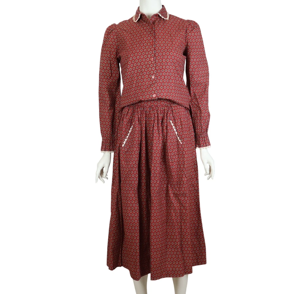 Vintage Sears 2 Piece Skirt Set Pleated Red Daisy Prairie 70s Women's Small - Image 2 of 4