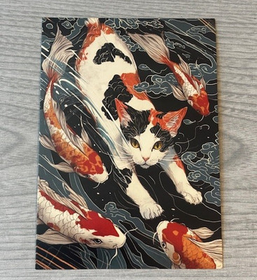Neu 2025 Japanischer Vintage Stil Kunst Katze Postkarte Koi Fisch Schwimmen Wellen Wasser