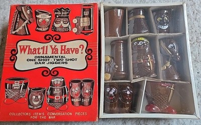 Vintage What'll Ya Have? Ornamental One SHot, Two Shot bar jiggers with box NEW