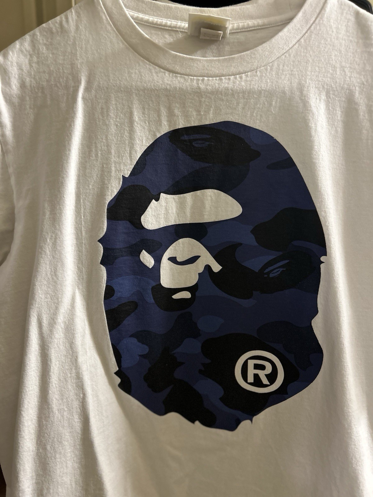 BAPE Camo Big Ape Head T-Shirt in White Blue Size Large L Crew Neck
