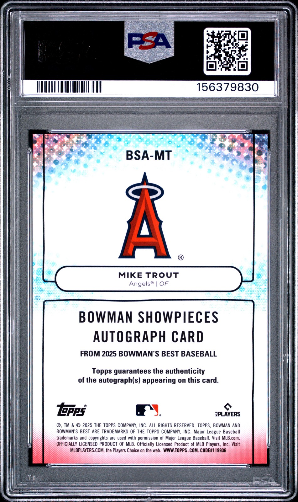 2025 BOWMAN'S BEST SHOWPIECES AUTO #BSA-MT MIKE TROUT 16/99 PSA 10 view 2