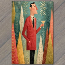 POSTCARD Retro Man Martini Glass Red Jacket Midcentury Modern Holiday Style