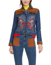 Desigual Women's Jakcet Denim Blue Embroidered Studded Suede 34 XS 19WWED13