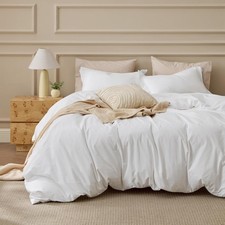 100 Washed Cotton Duvet Cover Queen Size - Natural White Minimalist Bedding Set