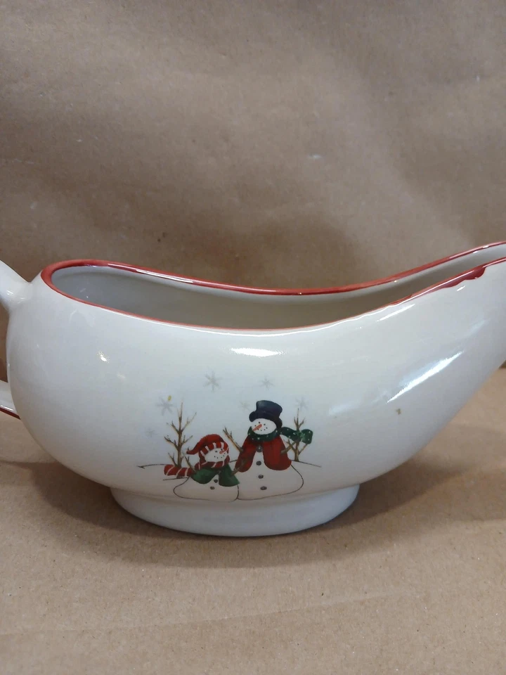 Royal Seasons Stoneware Snowman Gravy Boat Sauce Server Red Trim Christmas Decor - Image 3 of 4