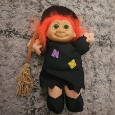 Vintage 1990s Russ Troll Doll Witch with Broom Orange Hair Halloween
