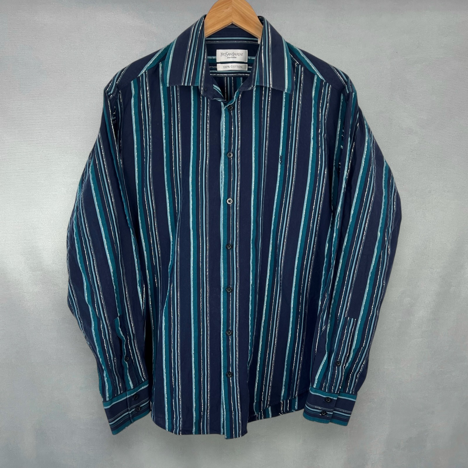 Camicia manica lunga Yves Saint Laurent YSL logo righe argento lucido uomo M 15 5"