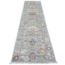 3'x11'7" Gray Hand Knotted Angora Oushak Leaf Design Pure Wool Runner Rug R20293