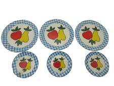 4"  2.5" Lot of 6 Doll Plates Vtg Ohio Art PEAR  APPLE Tin Litho Check Toy USA