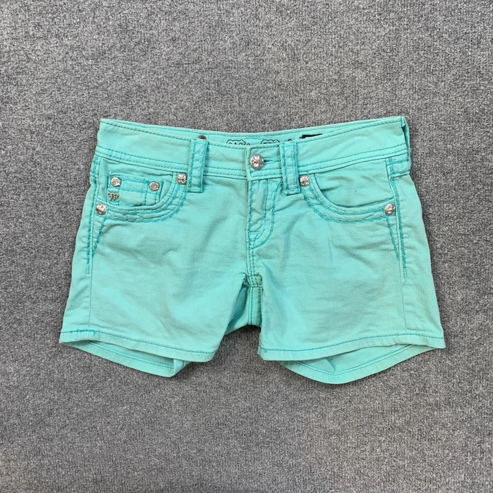 Miss Me Shorts Womens 25 Mint Studded Low Rise Denim Flap Pocket Stretch Zip Fly - Image 2 of 4
