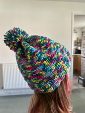 Multicolour Hand-Knitted Yarn Teddy Bear Hat Beanie with Pompom, 1pc