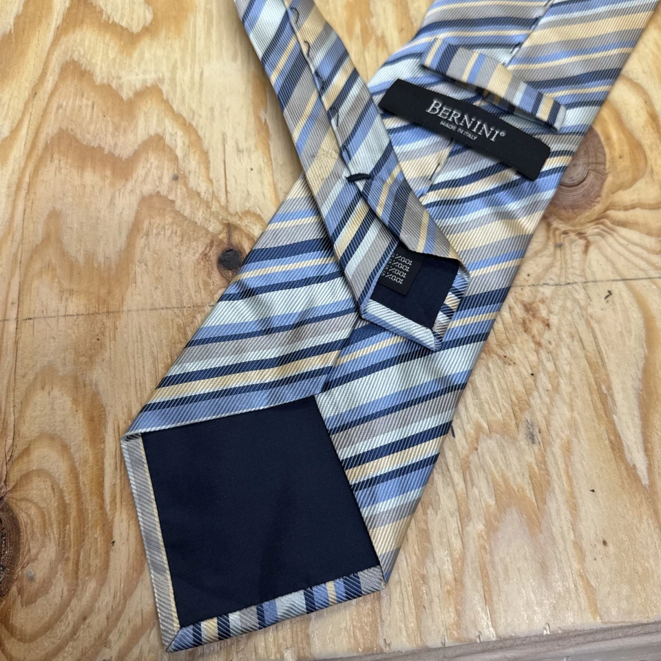 Corbata Bernini Cuello 100% Seda Regimiento Rayas Clásica Azul Beige Playa Boda Foto 3 de 4