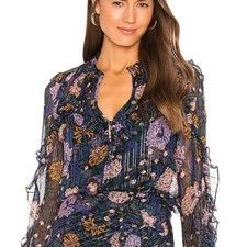 Veronica Beard Abra Chiffon Floral Ruffle Blouse Womens 8 Metallic Luxury Dressy