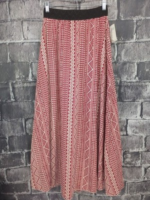 Lularoe Lucy Size XS Maxi Skirt Raspberry Tan Geometric Stripe Elastic Waist NWT