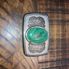 Vintage Western Belt Buckle Green Stone Cabochon Silver Tone Southwestern